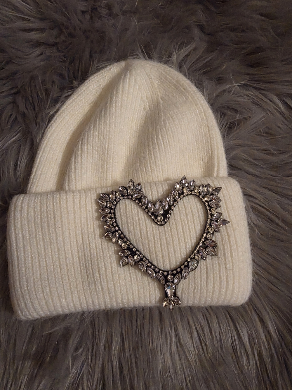 Ivory Knit Beanie with Crystal Heart Accent - Women's Accessories